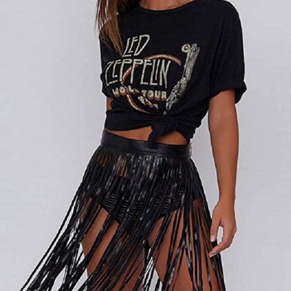 Fenyong Leather Fringe Skirt Tassel Hip Scarf Summer Beach Belts for Women Black main image 6